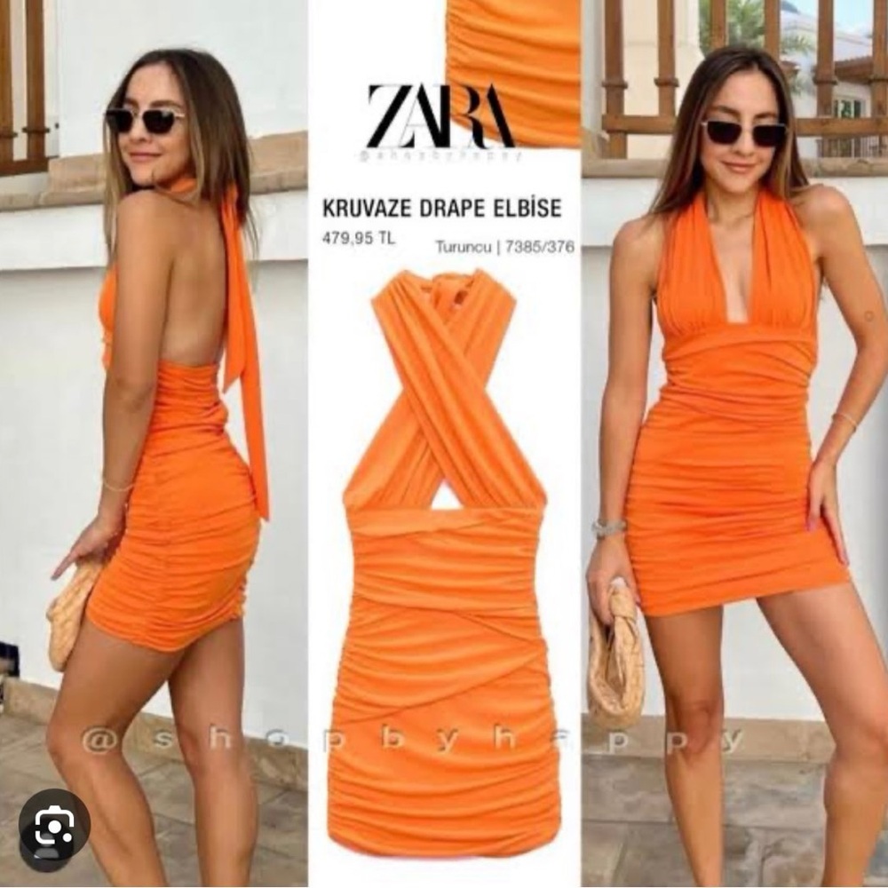 ORANGE ZARA RUCHED DRESS - Picture 1 of 7